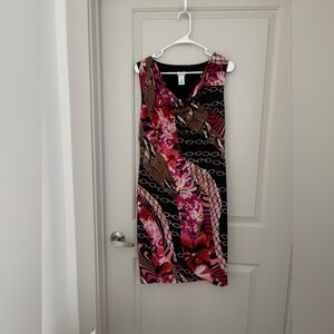 Sleeveless Black Dress with Pink Floral & Chain Print